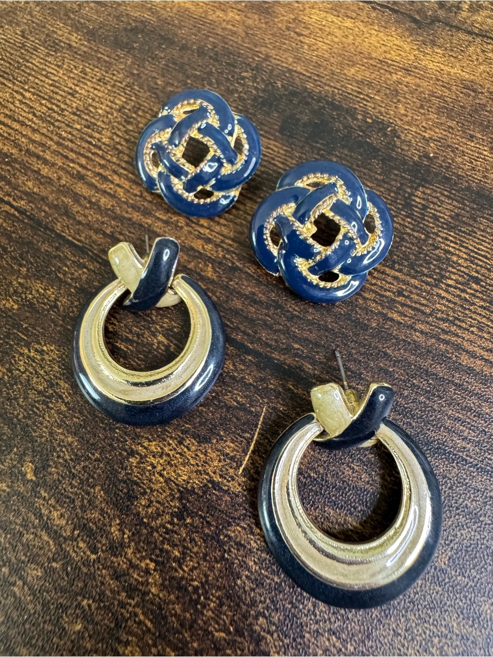Vintage Navy and Gold Knot Stud & Hoop Enamel Earrings Bundle - Women Jewelry